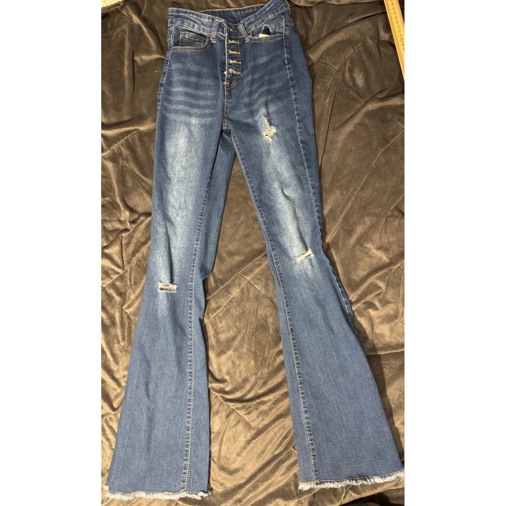 SHEIN High Waisted Distressed Flare Jeans Medium Wash Button Fly Size S